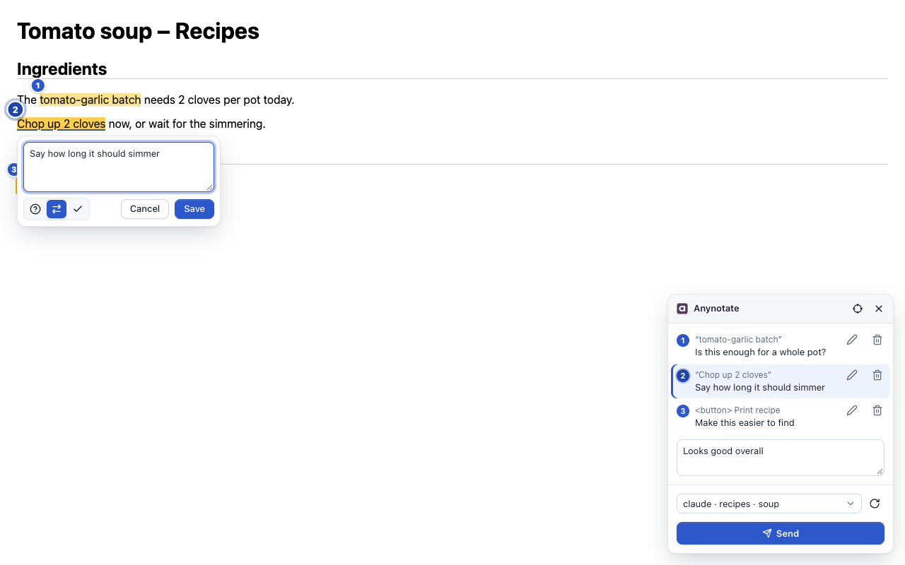 A note popover under the highlighted phrase 'Chop up 2 cloves', with the text 'Say how long it should simmer', the change intent selected, and Cancel and Save buttons.