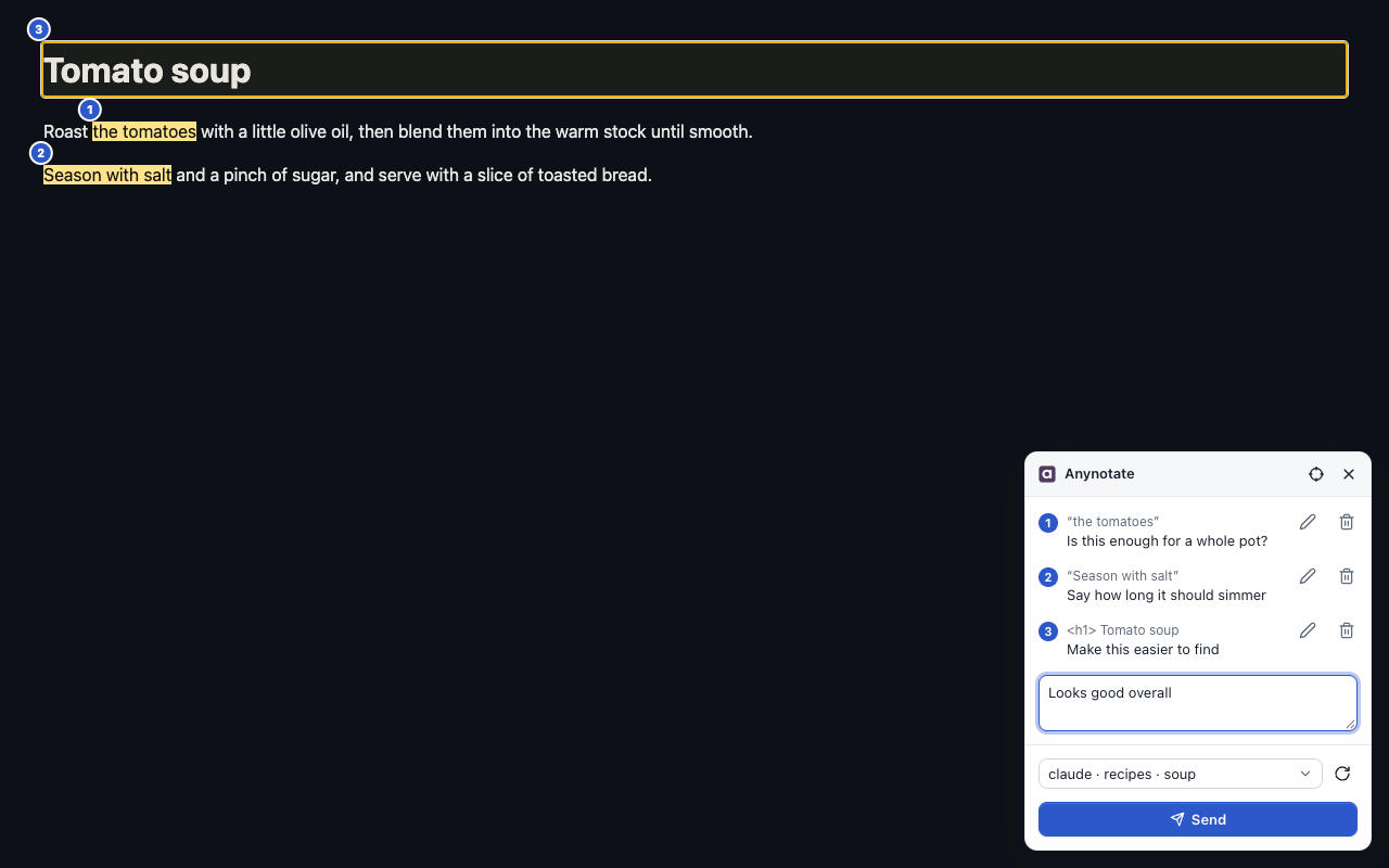 A dark recipe page with two highlighted phrases and a selected heading, numbered 1 to 3, next to the Anynotate panel.