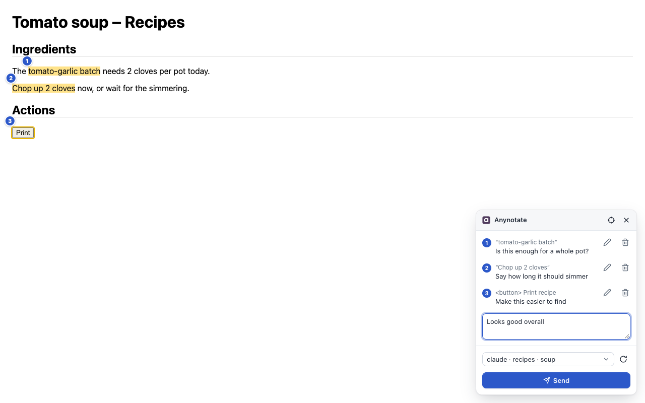 A recipe page with two highlighted phrases and a button, numbered 1 to 3, and the Anynotate panel listing the three notes with a session picker and a Send button.